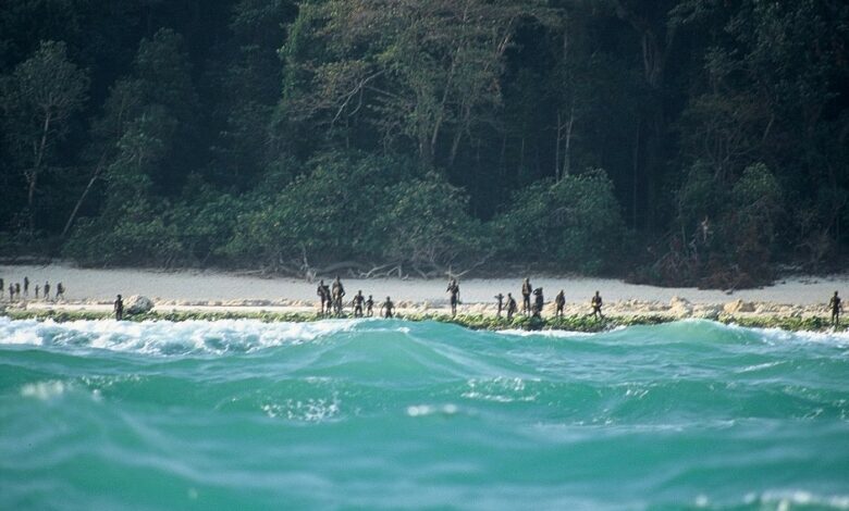 Sentinelis lined up on the shore of North Sentinel Island, ready to fight off visitors